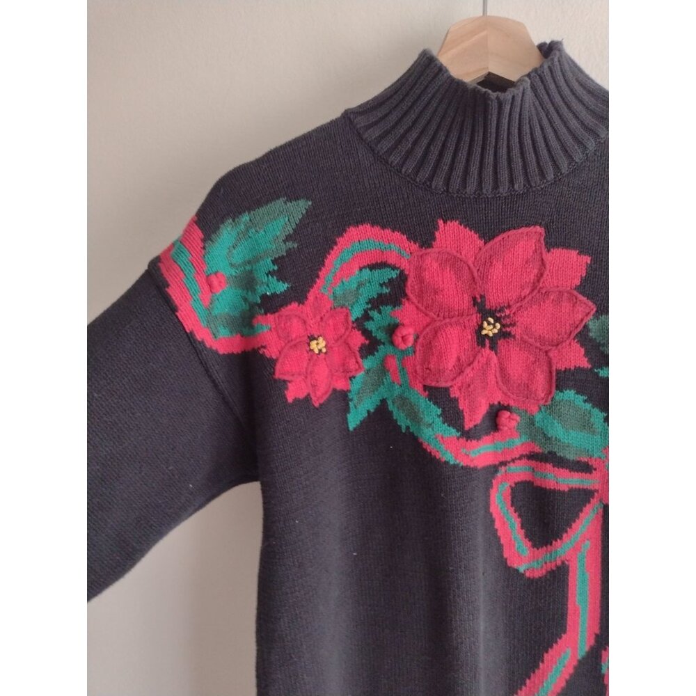 Vintage 90s Holiday Sweater L Pretty Bold Poinsettia Picone Sport Mock Neck - Picture 5 of 10